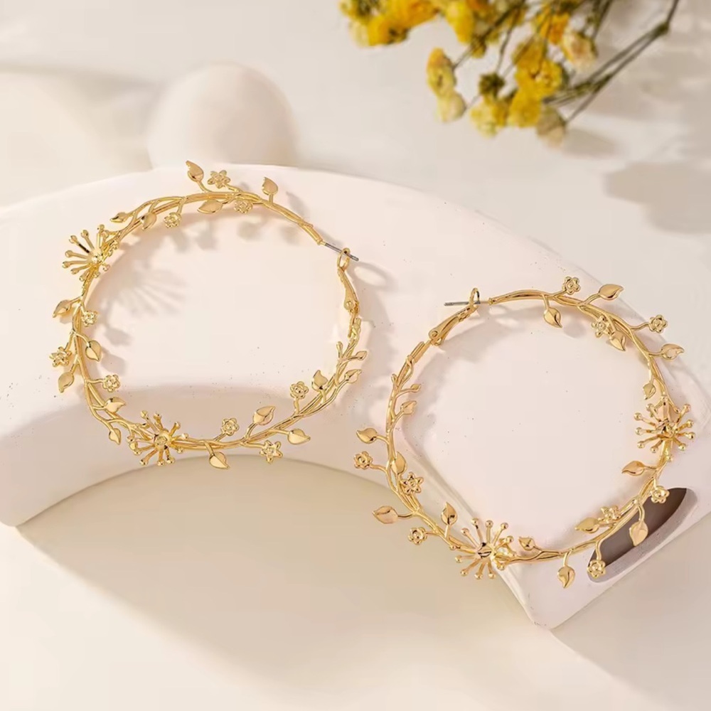 Anthropologie Gold Floral Hoop Earrings